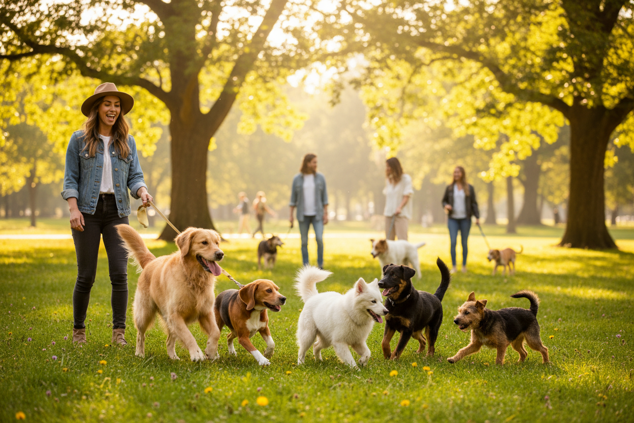 Create an image with dog and a happy owner in a park walking, dog is playing with other dogs, there are threes